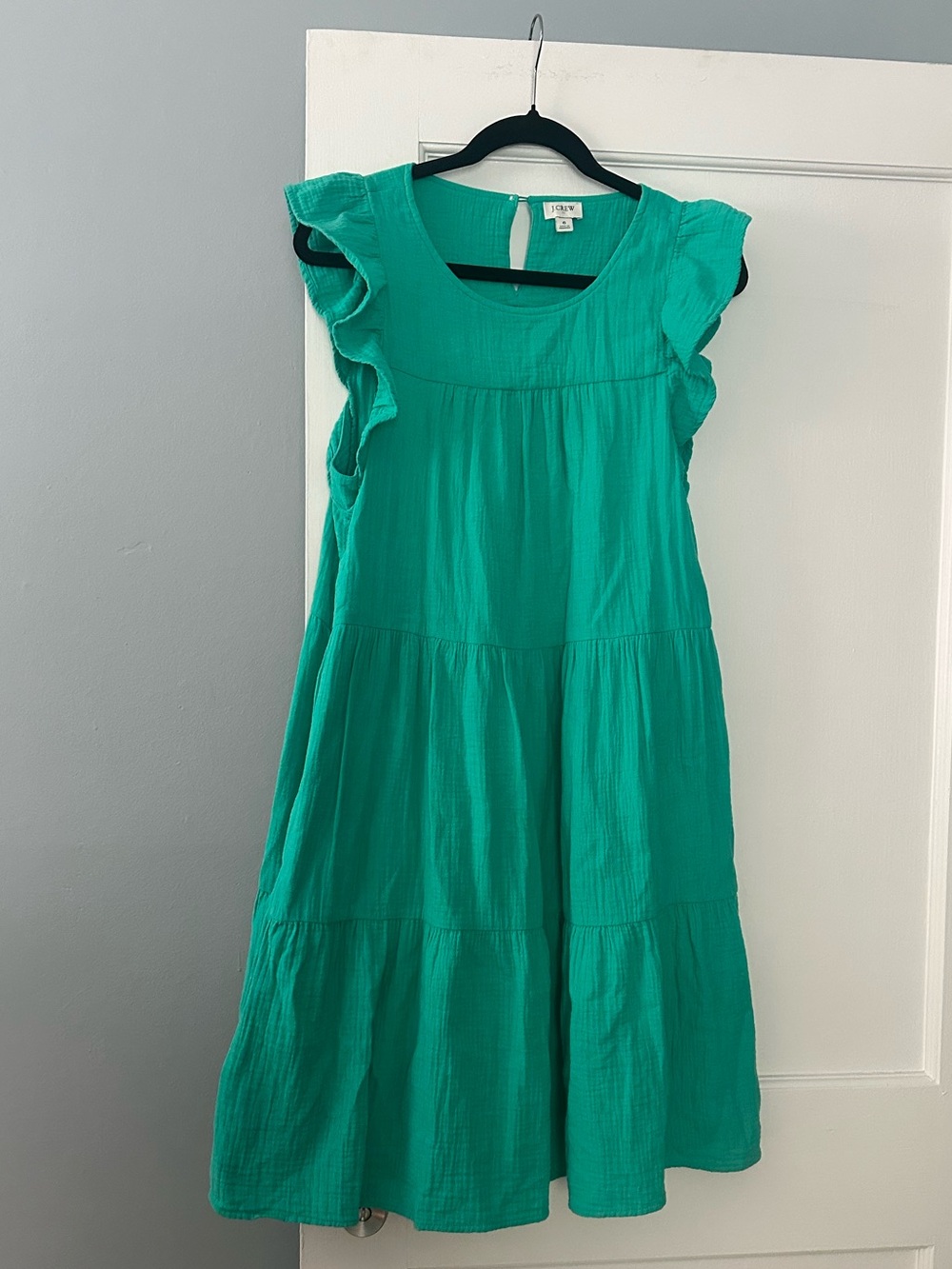 J Crew Green Tiered Ruffle Sleeve Dress